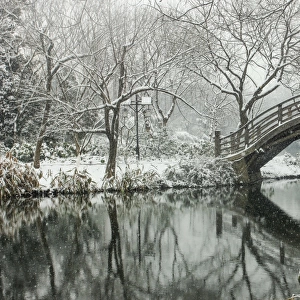 Snowscape of wooden arch bridge over pond in Maojiabu village, Hangzhou, Zhejiang, China