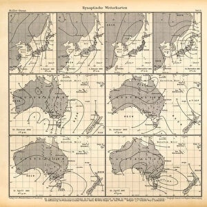 Synoptic Weather Maps Chart, Pacific Ocean, German Antique Victorian Engraving, 1896