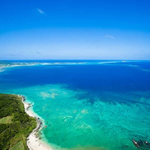 Tropical island and coral reef from above, Okinawa