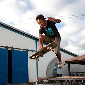 Malagasy skater Bryan, 18, rides and trains at the skateboarding ground especially