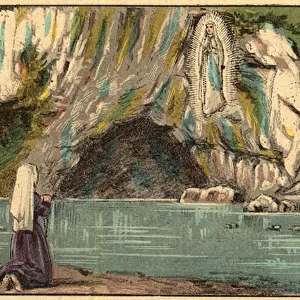The Apparition of Virgin Mary in Lourdes - The Virgin appears to Bernadette Soubirous (1844-1879) in Lourdes in 1858 - Engraving from "Religious teaching by the eyes