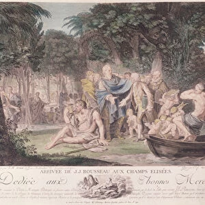 Arrival of Jean-Jacques Rousseau (1712-78) in the Elysian Fields, 1782 (colour engraving)