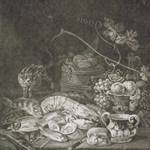 Banquet Piece with Lobsters, Fish and Cat (mezzotint with burn work)