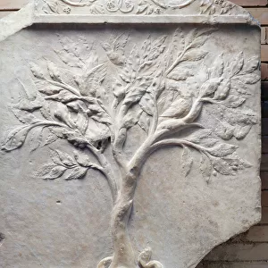 Bas-relief of a tree, with birds in the branches and a snake at the base (marble)