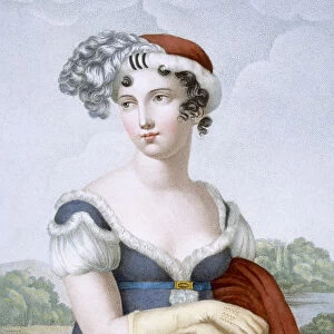 Beautiful lady dressed in polonaise style, engraved by L. Dibart (coloured engraving)