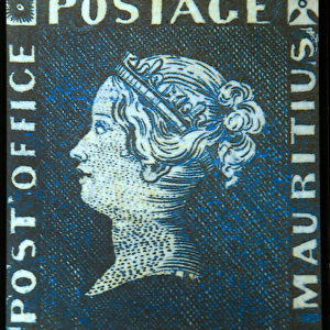 Blue Mauritius postage stamp, 1847 (colour engraving)