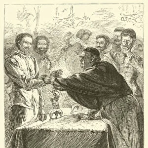 "Bonner held his hand over the flame of a wax candle"(engraving)