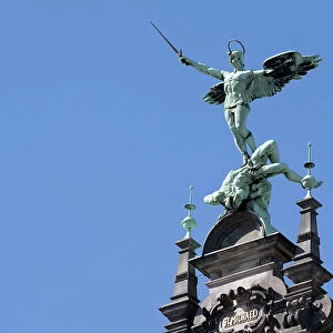 Bronze sculpture on Hamburg City Hall, Archangel St. Michael vanquishes Satan with sword, Hamburg, Germany, Europe