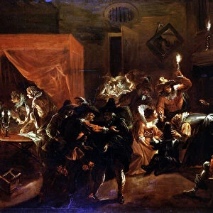 Cabaret scene and games. The character in the centre could be Paul Scarron (1610-1660) French writer. Painting by Nicolas Tournier (1600-1660), 17th century. Oil on canvas. Museum of Tessee (Le Mans)
