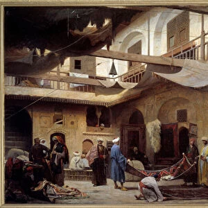 The carpet bazaar in the Khan-Khabil in Cairo in 1866. Painting by Louis Claude Mouchot