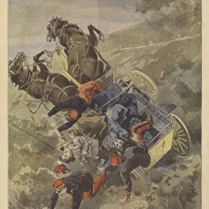 Carriage accident on the Corniche between Eze and La Turbie (colour litho)