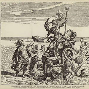 Casket of chocolate being handed to Neptune to be made known to the countries of the World (engraving)