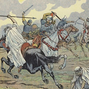 Charles Martel at the Battle of Poitiers, 732 (colour litho)