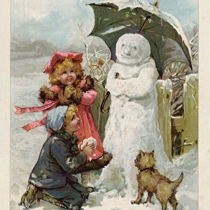 Children imagining a snowman is laughing (chromolitho)