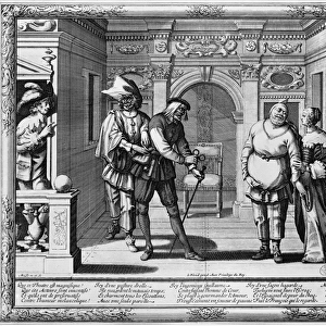 Comedians at the theatre of Hotel de Bourgogne (engraving) (b / w photo)