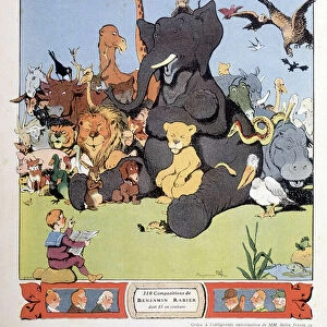 Cover page of a collection of La Fontaine fables, illustrated by Benjamin Rabier (1864-1939). The text underlines the importance of leaving the book in the hands of children
