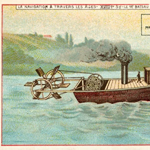 Denis Papins first steam powered boat, 18th Century (chromolitho)