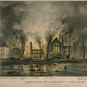 Destruction by fire of both Houses of Parliament on Thursday night, 16 October 1834 (coloured engraving)