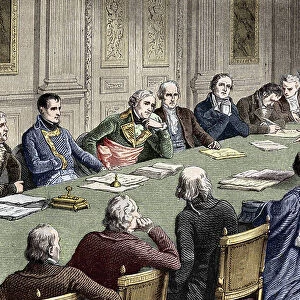 Discussion of the Civil Code at the Council of State (1800-1804), under the presidency of the first consul, Napoleon Bonaparte has his left Jean Jacques Regis de Cambaceres. Engraving of the 19th century