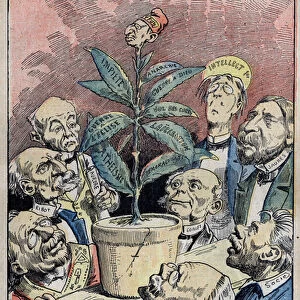 Dreyfus case, 1898: cartoon showing the influence of the case on French society. Dreyfusards and supporters of the separation of church and state watch the "flower"Dreyfus and their ideas: "atheism", "impiete"