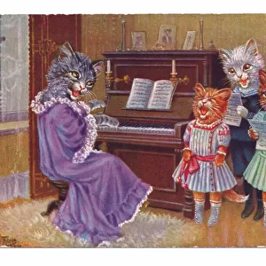 Edwardian postcard of four cats wearing human clothes around a piano having a sing-song