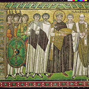 Emperor Justinian I and his retinue of officials, guards and clergy, c. 547 AD (mosaic)