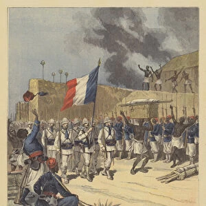 Entry of the French flag into Abomey, Dahomey (colour litho)