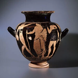 Etruscan civilization: black terracotta stamnos representing athletes