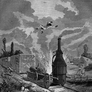 Explosion of the boiler of one of the first American steam locomotives