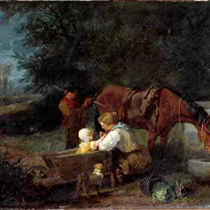 A farmer with her child, a farm boy and a horse Painting by Angelo Beccaria (1820-1897)