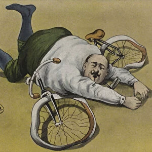 Fat man, fallen off his bicycle (colour litho)