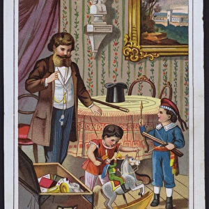 Father with his children and their box of toys (chromolitho)