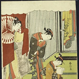 Figures in an interior, a courtesan looking at her shinzo who is reading a love letter