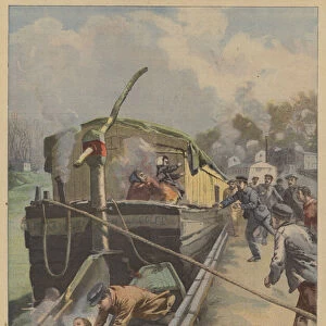 Fire on board a boat on the River Seine (colour litho)