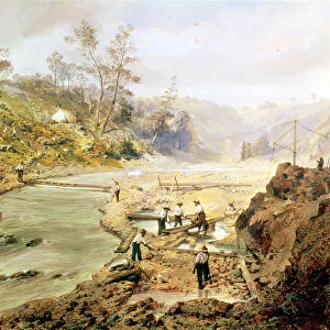 Fortyniners washing gold from the Calaveres River, California, 1858 (oil
