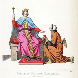 Frederic II of Hohenstauffen (1194-1250) (Frederic II of the Holy Empire) and his falconer - Frederick II and his falconer, 13th century - Frederick II wears a gold crown, blue chlamys secured with gold clasp