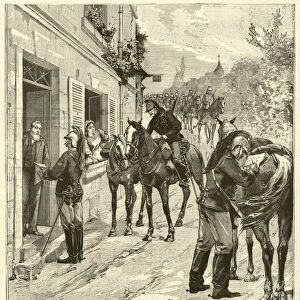 French soldiers arranging their billets before the annual grand manoeuvres (engraving)