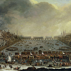 The Frost Fair of the winter of 1683-4 on the Thames, with Old London Bridge in the Distance