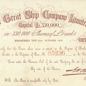 A £1 share certificate issued by The Great Ship Company Limited (engraving)