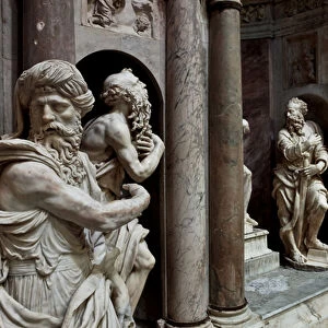 Genoa, Duomo (St Lawrence Cathedral), inside, Cybo chapel (northern arm of the transept), Funerary Monument of Archbishop Giuliano Cybo: from the left, statues of Abraham in the foreground, and then St Jerome, St Peter, St John the Baptist