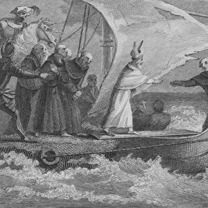Genseric, King of the Vandals, sending the Bishop of Carthage and other members of the clergy into exile in a leaky boat, 439. (engraving)