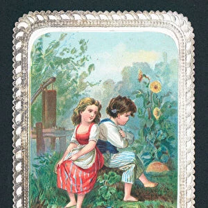 Girl and Boy sitting on rock, New Year Card (chromolitho)