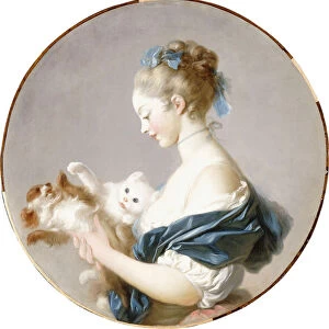 Girl Playing with a Dog and a Cat (said to be Marie-Madeline Colombe), (oil on canvas)