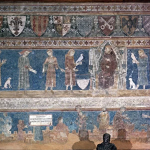 The governors of San Gimignanos tribute to Charles of Anjou who, after the victory of Poggibonsi in 1267, confirms the privileges and franchises of the city (Fresco, 13th century)