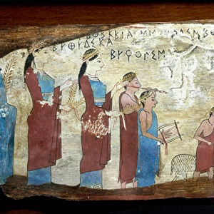 Greek antiquitis: sacrifice of a lamb. Wood paint from Sicyon in the Gulf of Corinth