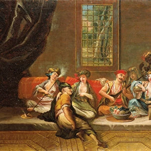 Greek sailors merrymaking in an interior (oil on canvas)
