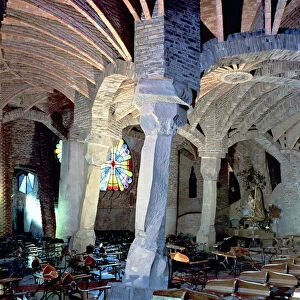 Guell Crypt with its tilted column, built by Antonio Gaudi (1852-1926) in 1908-15 (photo)