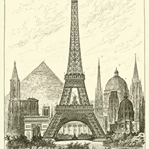 Hauteur comparee de la tour Eiffel (300 metres) et des principaux monuments du monde (engraving)