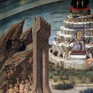 Hell, Paradise and Purgatory. Detail of Dante Alighieri and his comedy (painting, 1465)