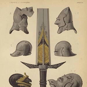 Helmets and German sword, 13th-16th Century (chromolitho)
